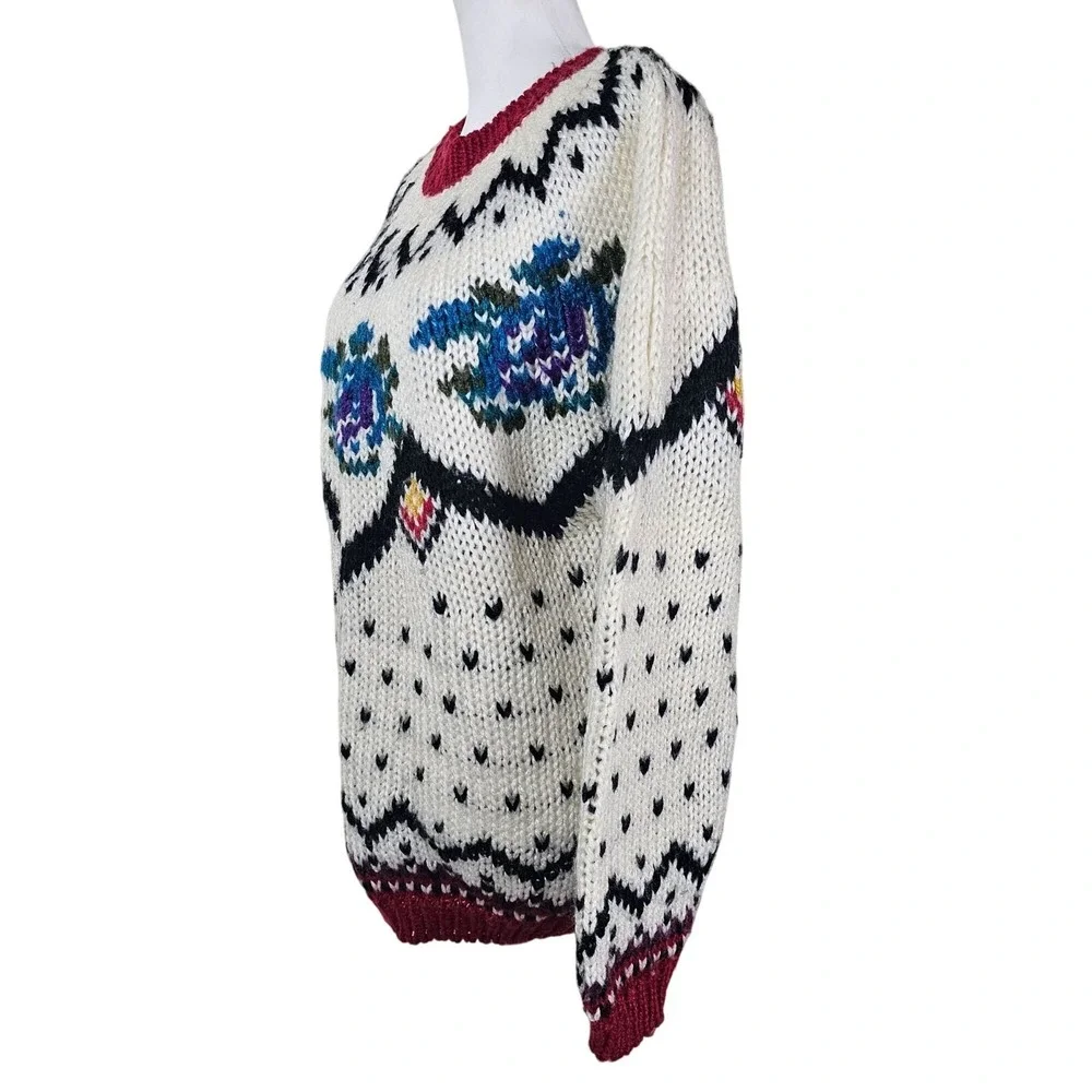 Vintage Hand Knit Chunky Sweater M Nordic Apres Ski Holiday Cottagecore 80s